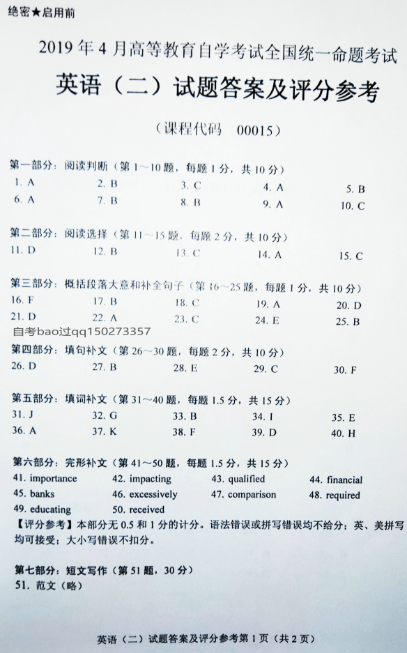 2019年4月自考英語(yǔ)二真題答案-1